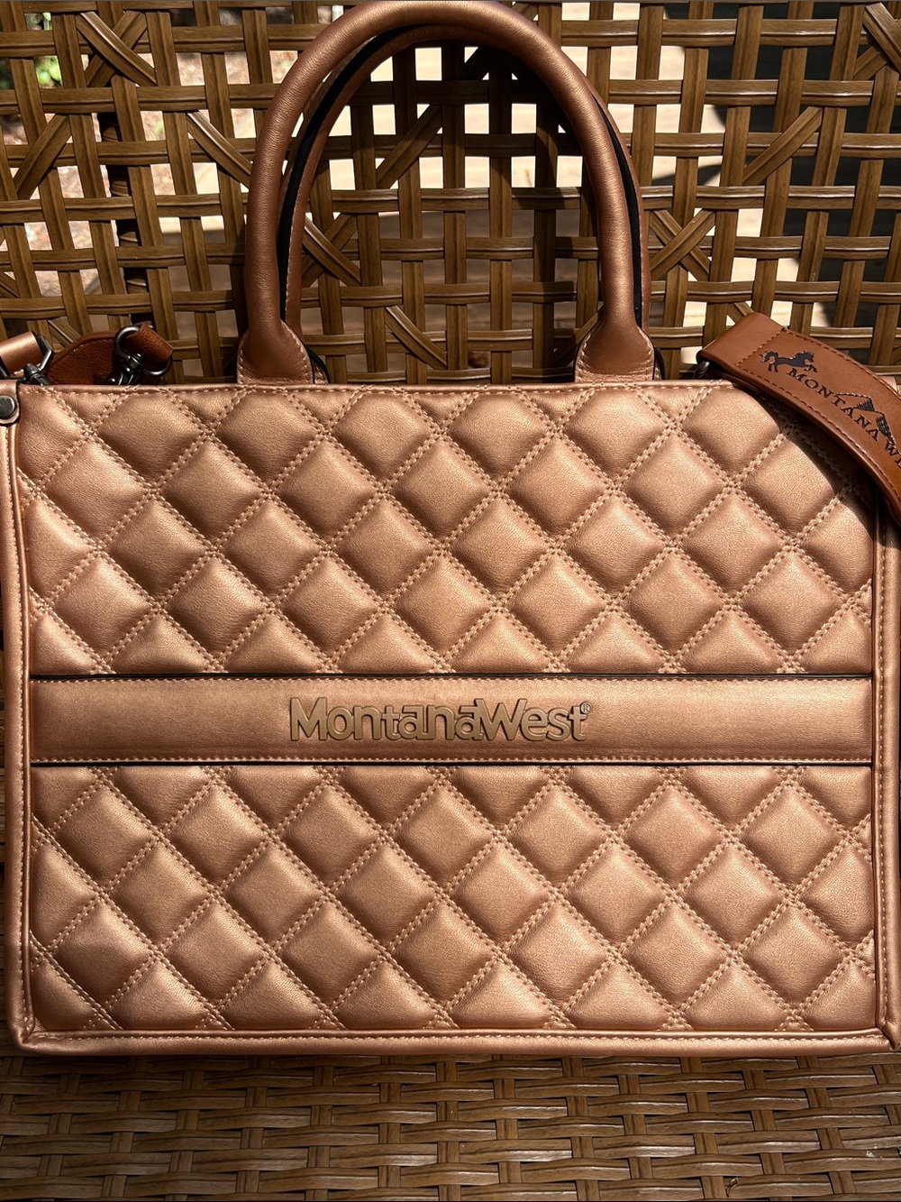 LIKE NEW Montana West Metallic Quilted Bronze Satchel Laptop Bag - Picture 2 of 9